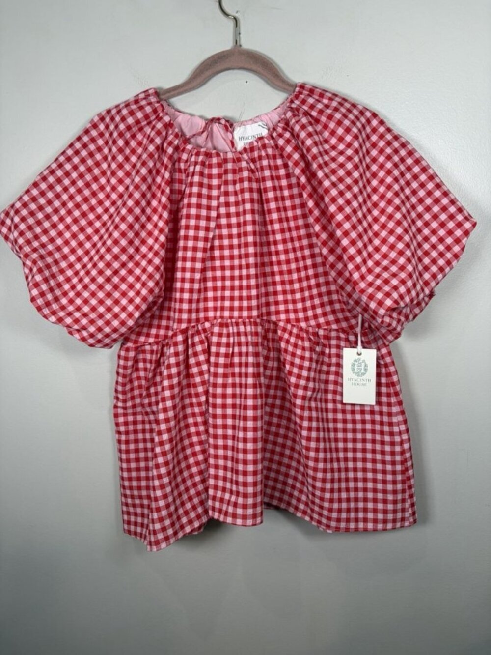 Hyacinth House Hadly Blouse Size XS Gingham Red White Puff Sleeve Seersucker NWT